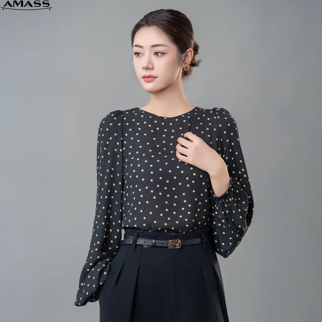 AMASS/阿玛施春秋新款时尚气质圆领泡泡袖波点百搭衬衫女 5301128