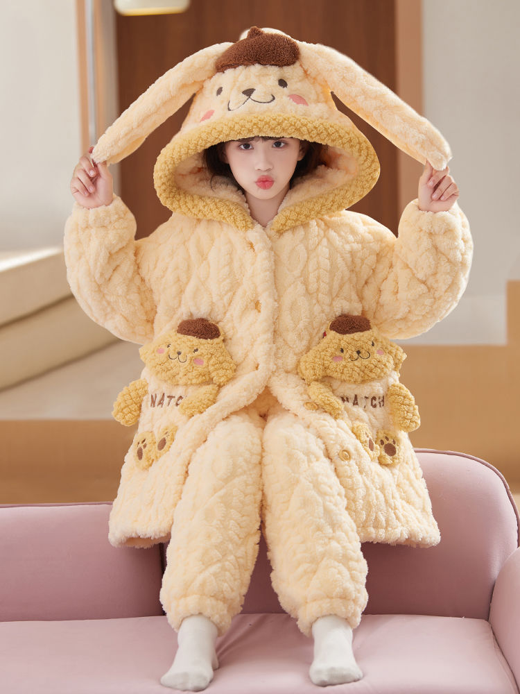 品巴拉巴拉儿童睡衣女孩冬季三层夹棉加厚珊瑚绒中大童女童中长款