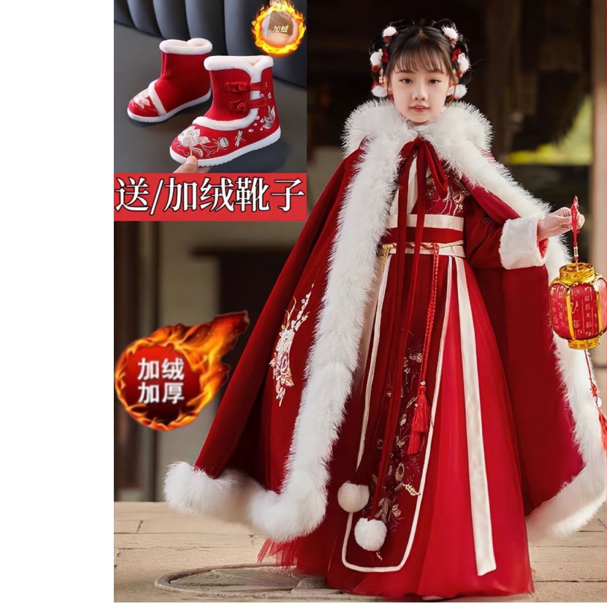 女童服冬装秋冬新年儿童加厚古装中国唐装女孩冬季连衣裙拜年