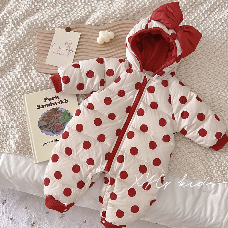 婴儿衣服冬装女宝宝连体衣夹棉加绒厚满月哈衣周岁礼服过年拜年服