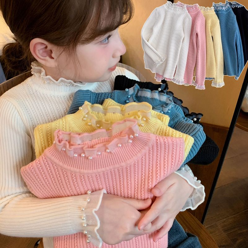 品巴拉巴拉女童秋冬新款珍珠荷叶半高领毛衣洋气女宝宝针织打底衫