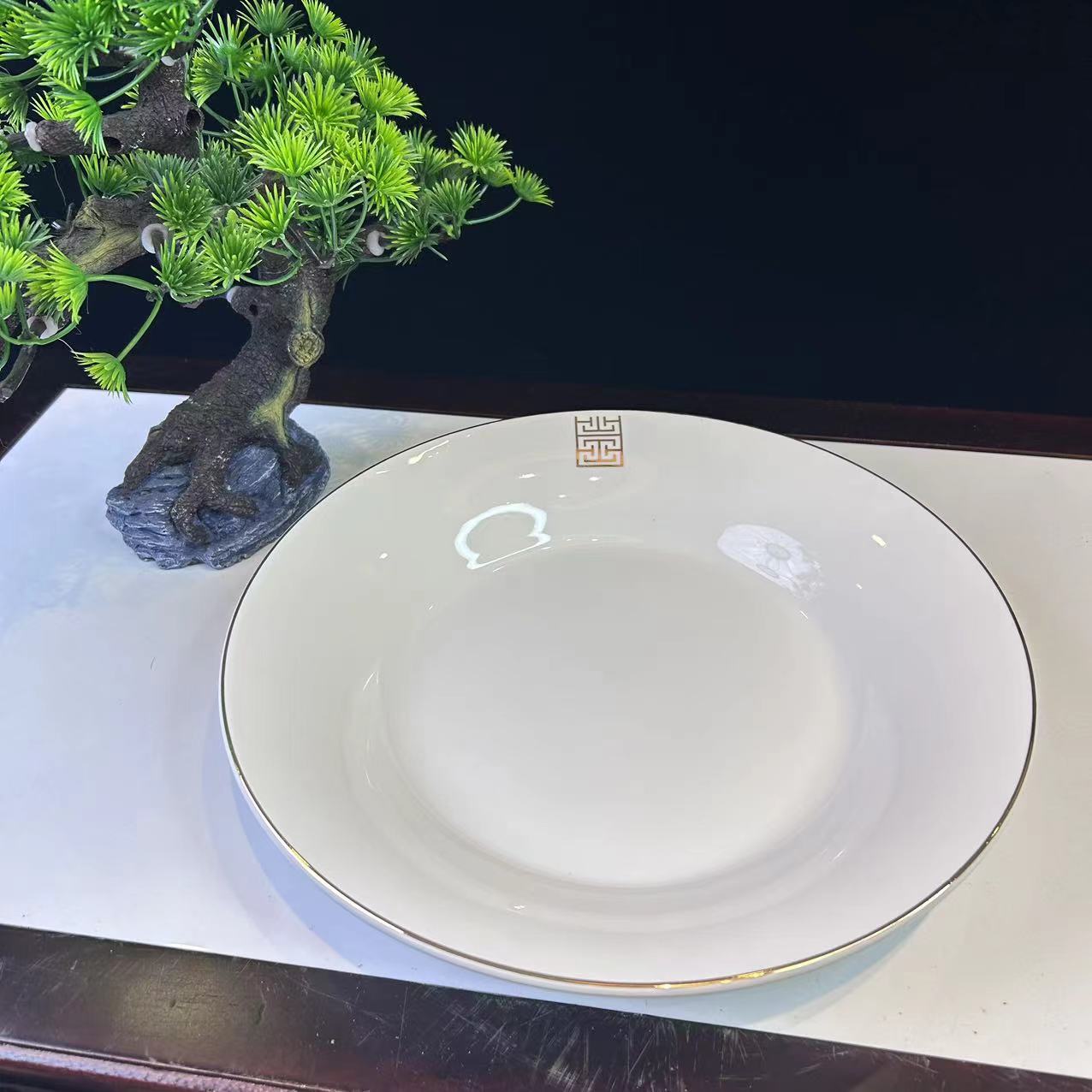 金线高颜值纯白手工金边金高脚汤盘盘子家用陶瓷餐盘餐具圆盘菜盘