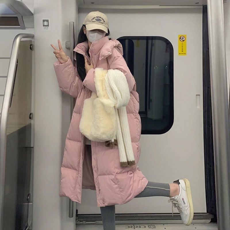 霸王新款2023羽绒服粉色长款高级感超好看服女年新款韩版宽松加厚