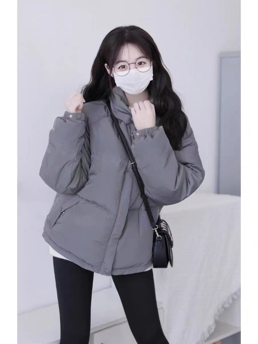 新款羽绒服灰色羽绒服女ins潮冬季学院风百搭保暖偏短款面包服