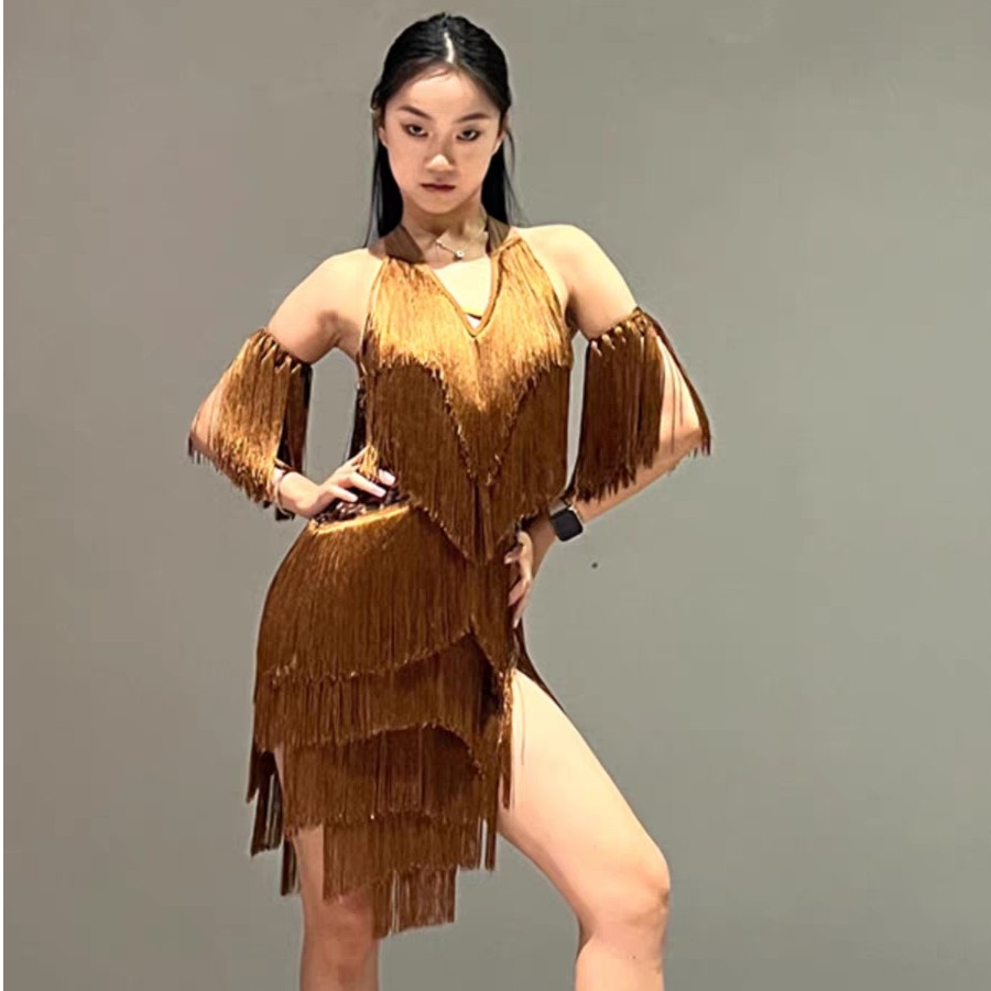 艺鑫拉丁舞连衣裙V领挂脖多层流苏露背练功服比赛服艺考服