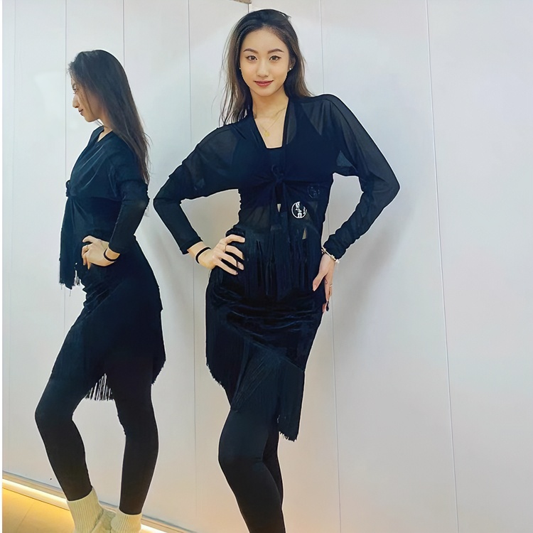 艺鑫舞服新品成人性感网纱流苏上衣拉丁舞长袖练功服