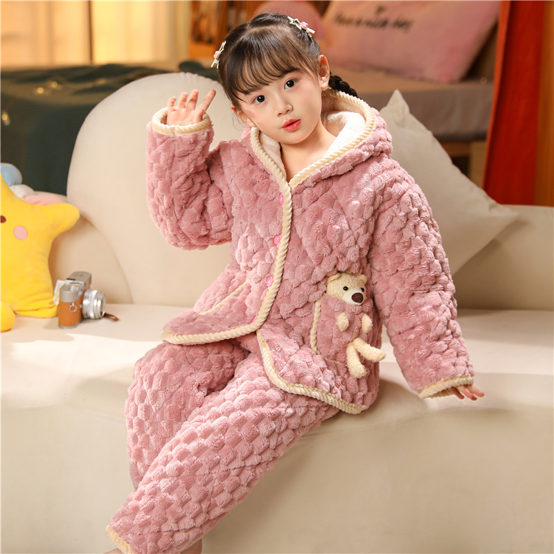 冬季儿童法兰绒睡衣男童男孩加厚款夹棉女童宝宝珊瑚绒家居服套装