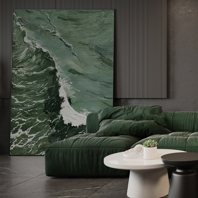 FLD.手绘油画《海声》现代简约抽象立体油画绿色客厅装饰画极简风