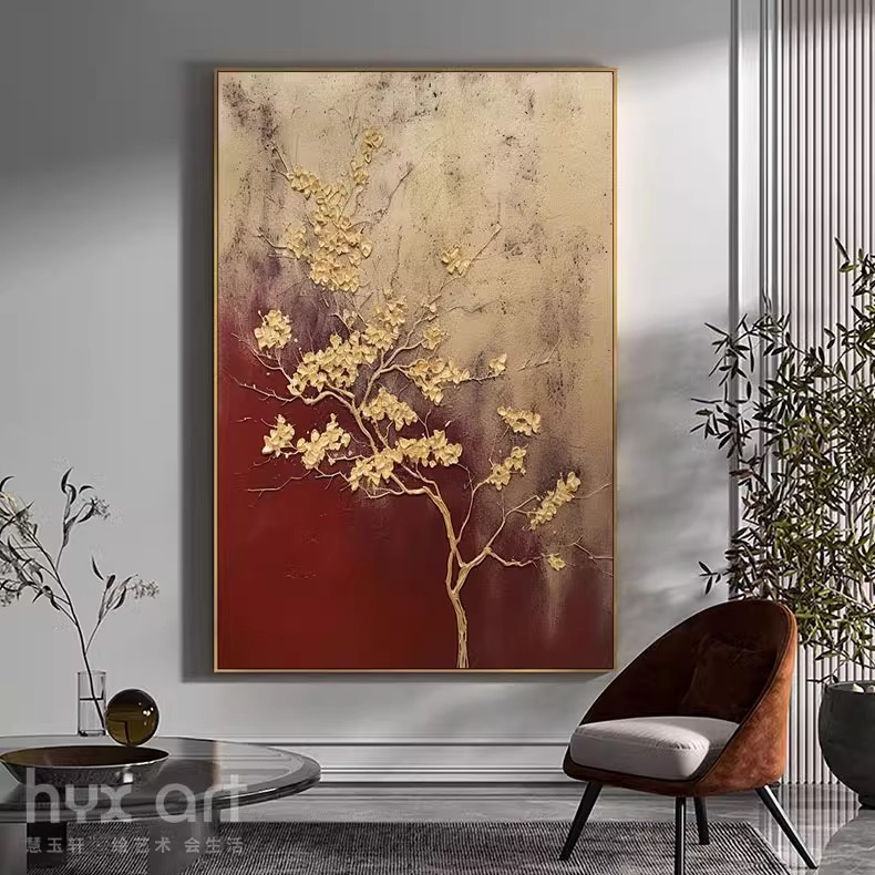 FLD.原创手绘油画《金梅》现代轻奢装饰画玄关梅花抽象画客厅画肌理