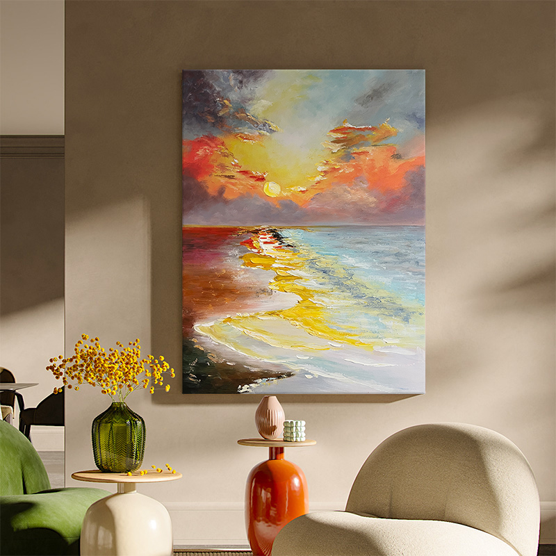 FLD.手绘油画《旭日》厚肌理抽象风景画现代极简挂画玄关客厅壁画