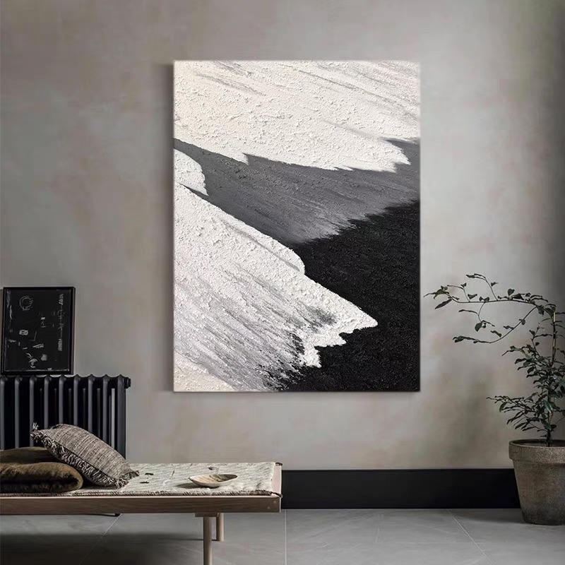 FLD.手绘油画《潮汐》设计师侘寂风黑白灰挂画客厅玄关砂岩装饰画
