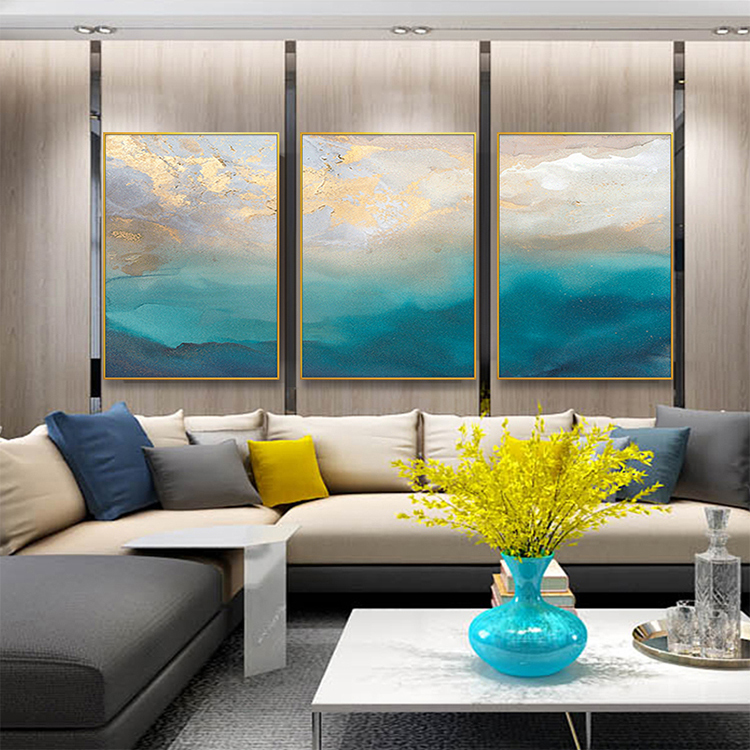 FLD.现代简约三联抽象画金箔晕染纯手绘油画美式沙发背景组合挂画