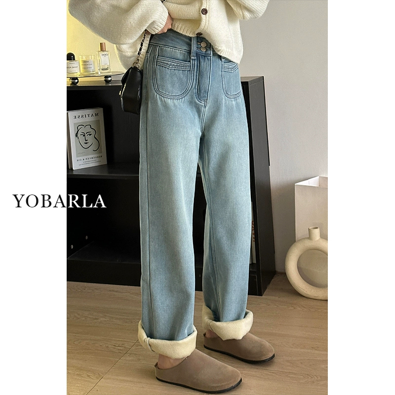 蓝色高腰直筒牛仔裤女秋冬加绒大码胖mm宽松显瘦梨形身材阔腿裤子