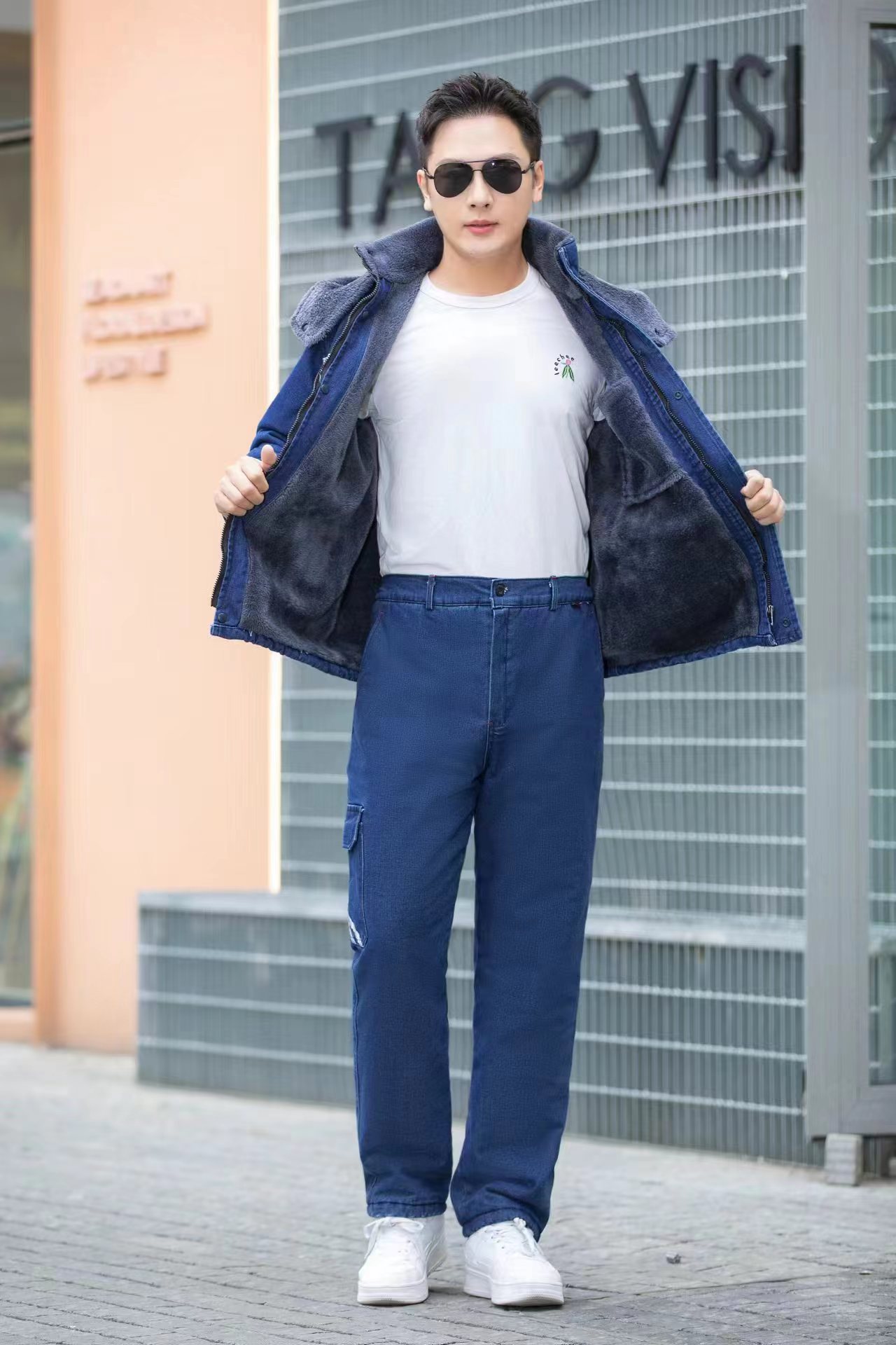 冬季牛仔带帽加厚加绒牛仔工作服/保暖/抗寒/男长款棉服棉衣棉袄