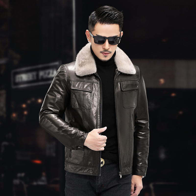 真皮皮衣男士貂领山羊皮脱卸羽绒内胆真皮皮衣翻领冬季休闲外套