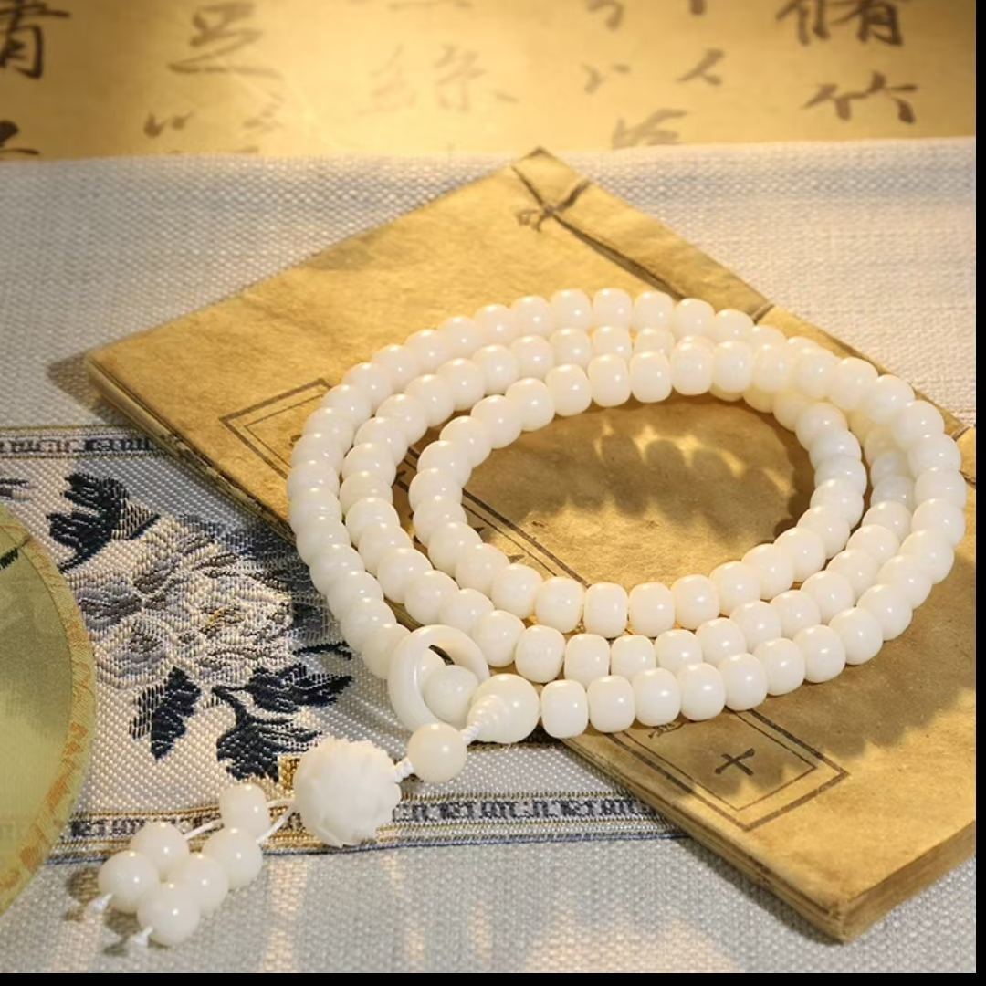 天然原生态白玉菩提菩提根108颗搭莲花