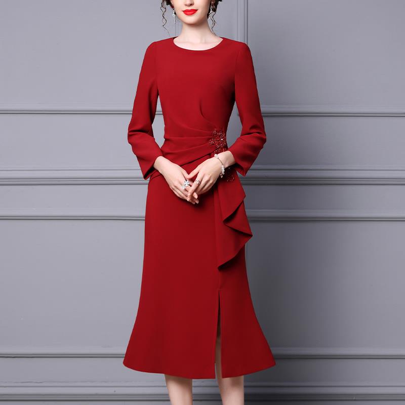 显瘦婚礼宴会喜婆婆婚宴装红色结婚妈妈礼服气质年轻秋冬高端喜服