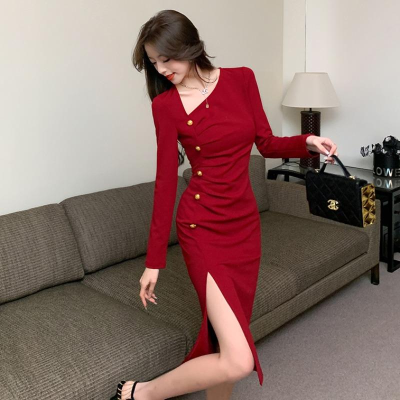 小香红色洋装春秋女2023年新款回门服新娘平时可穿包臀礼服长裙