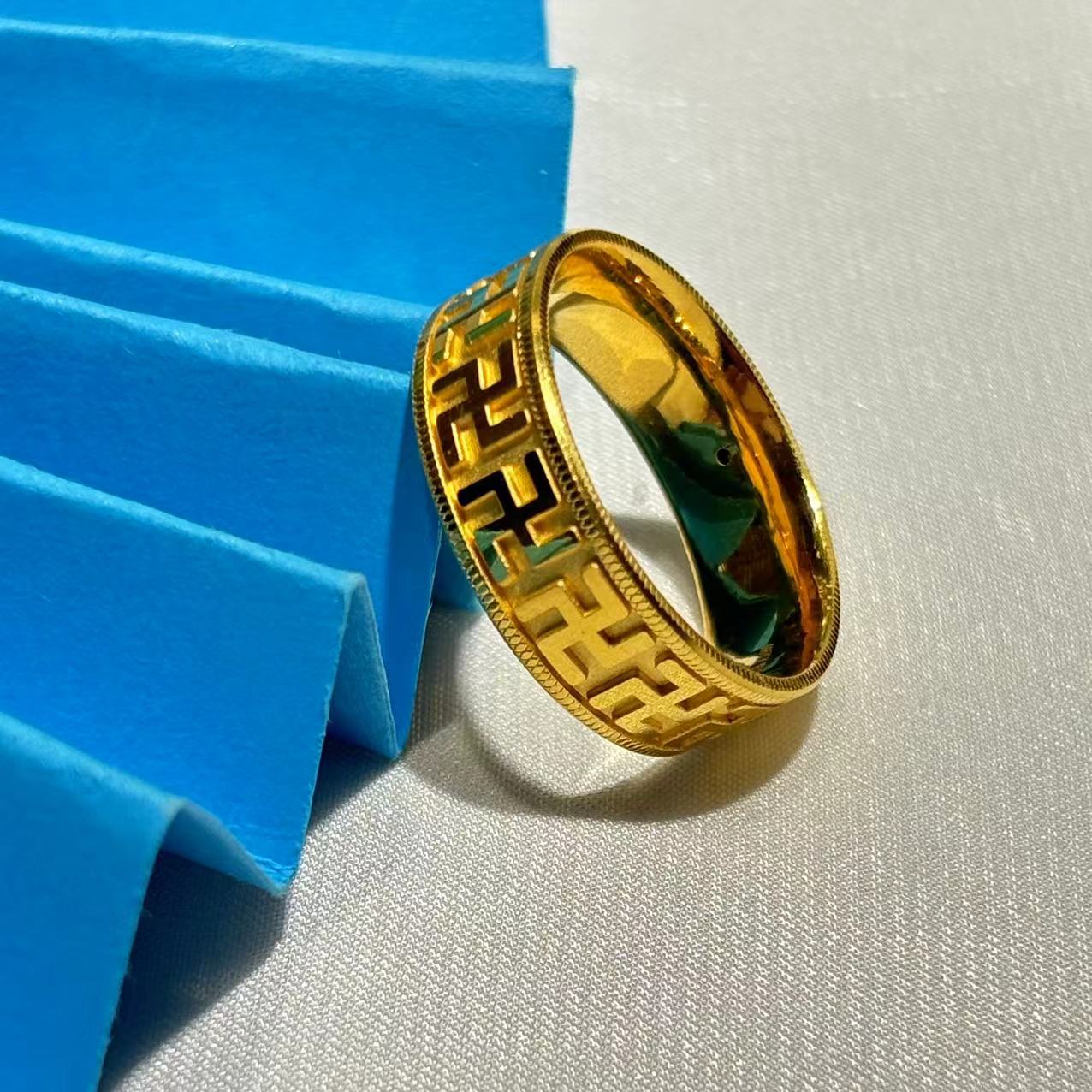 黄金足金999佛家万字符3D硬金固口戒指