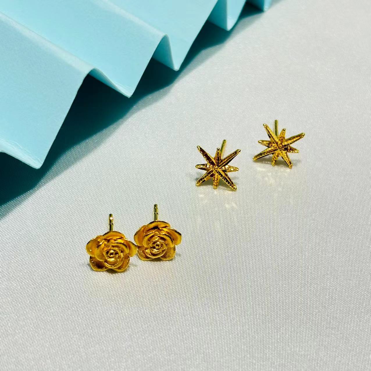 黄金足金999时尚精美太阳花玫瑰5G耳钉耳环