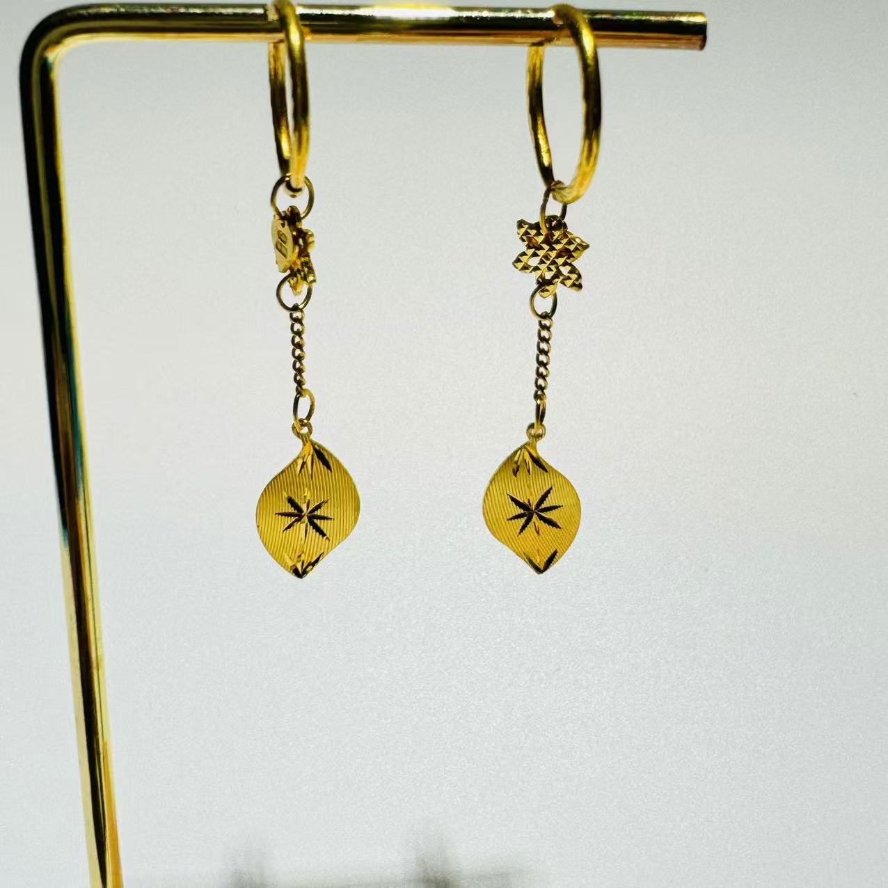 黄金足金999时尚车花金叶子流苏耳坠耳环