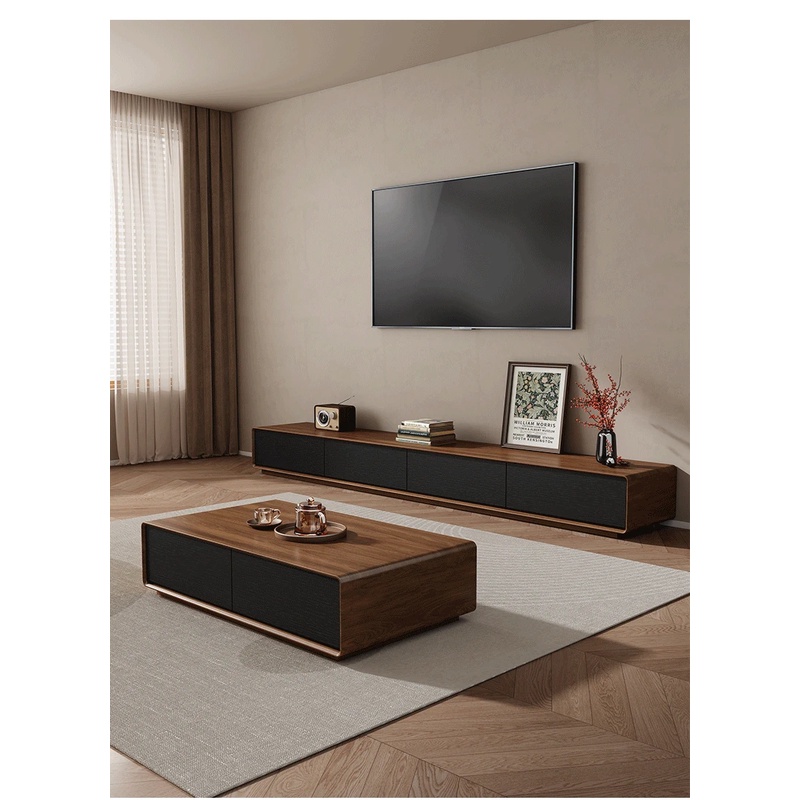 北美胡桃木色实木落地电视柜茶几小户型客厅简约现代高端影视柜