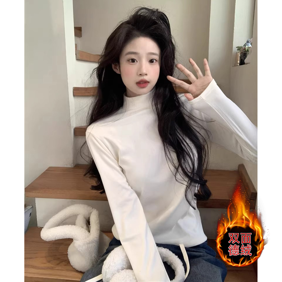 时髦基础款白色半高领长袖T恤女秋冬季修身打底衫保暖加厚内搭