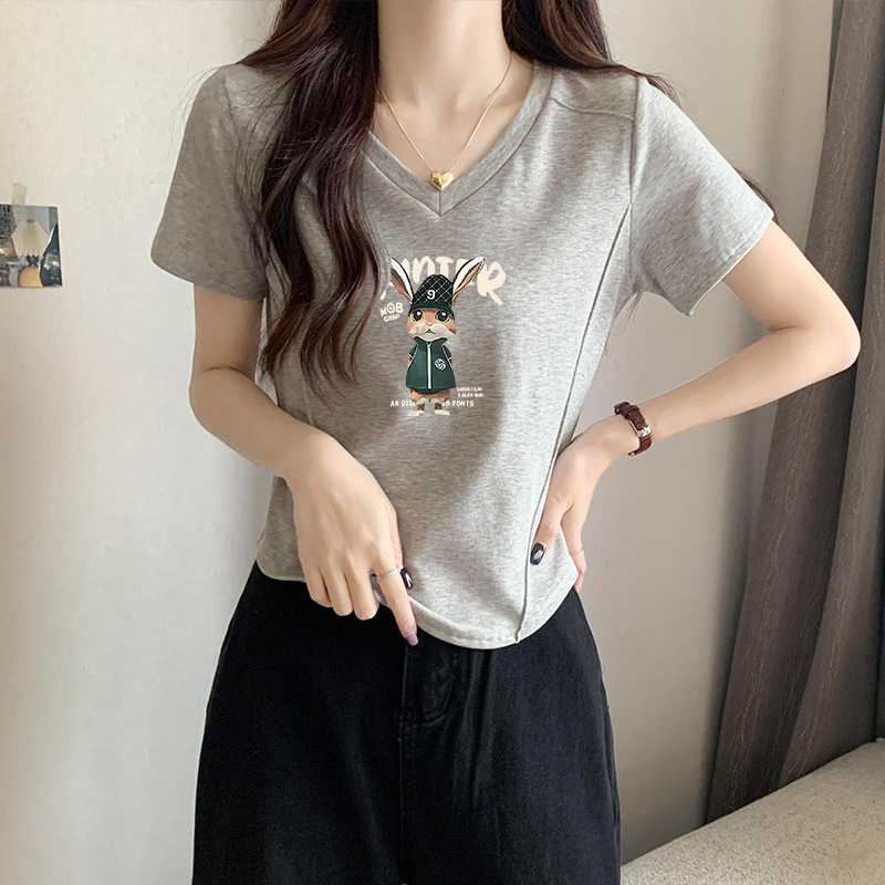 夏季V领正肩短袖T恤女设计感修身纯色基础款不规则露锁骨短款上衣