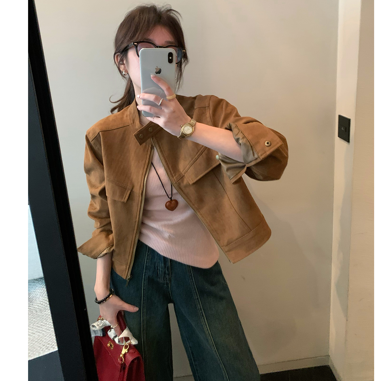 韩版时髦设计感小个子皮绒外套女气质春秋季新款宽松短款夹克上衣