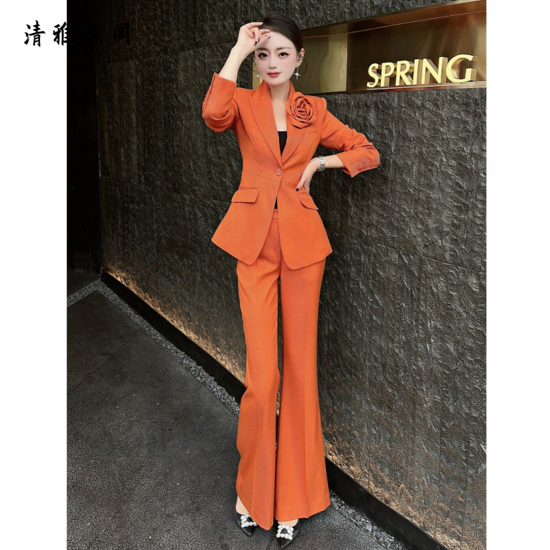 春季气质轻熟女神范洋气减龄修身西装套装女高腰喇叭裤长裤两件套