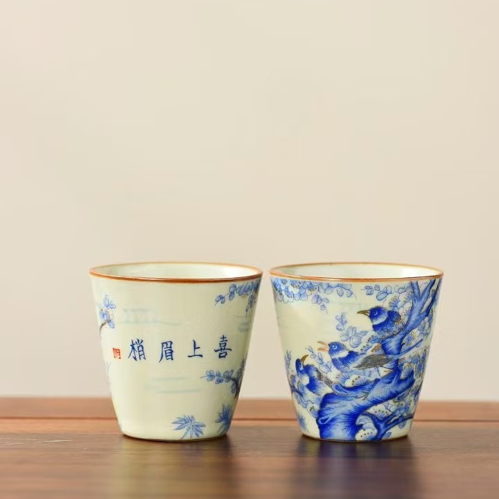 （亏本福利）新中式岑汝茶具蓝鸟闻香杯汝窑茶杯