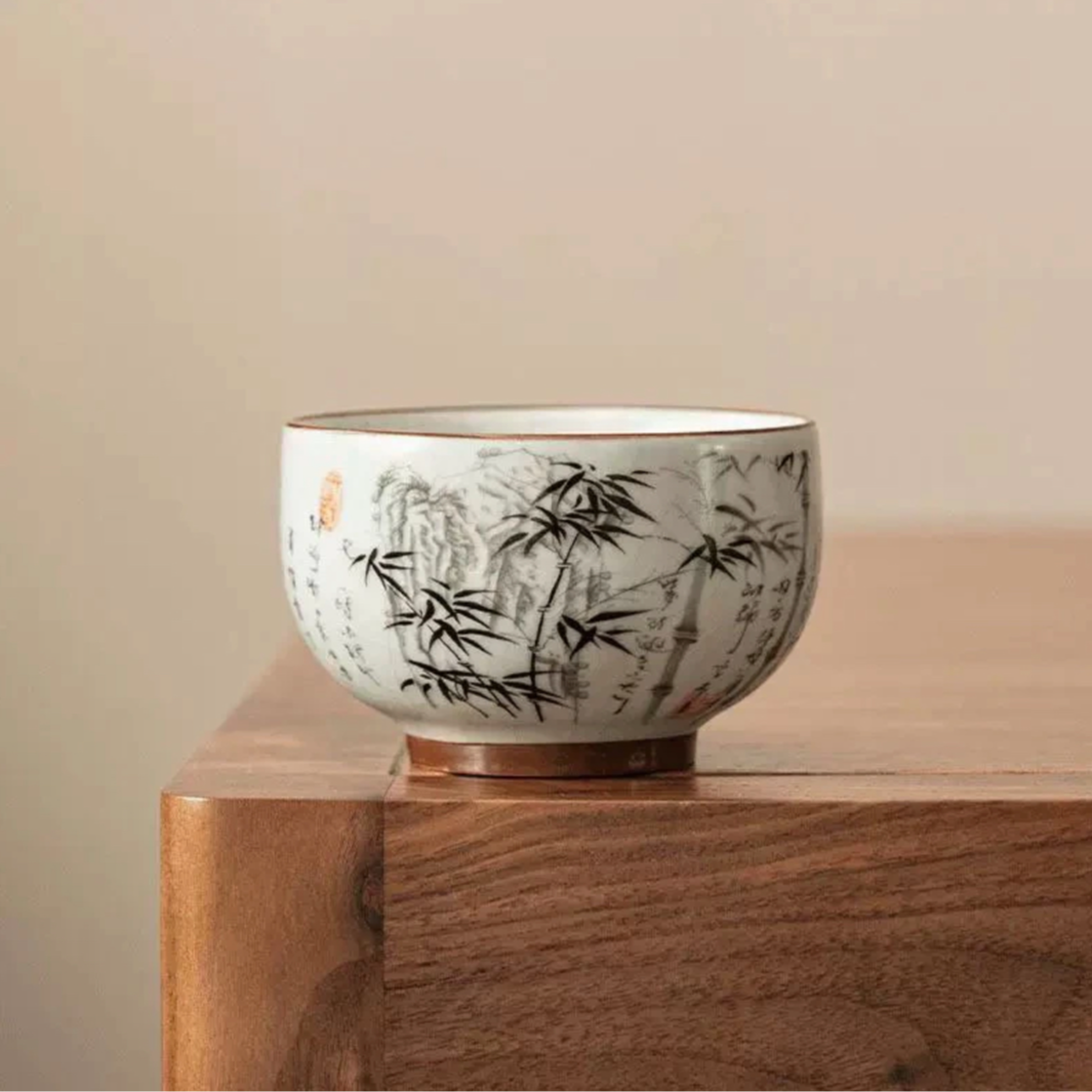 （亏本福利）汝窑墨竹铜钱杯陶瓷品茗杯墨竹杯主人杯