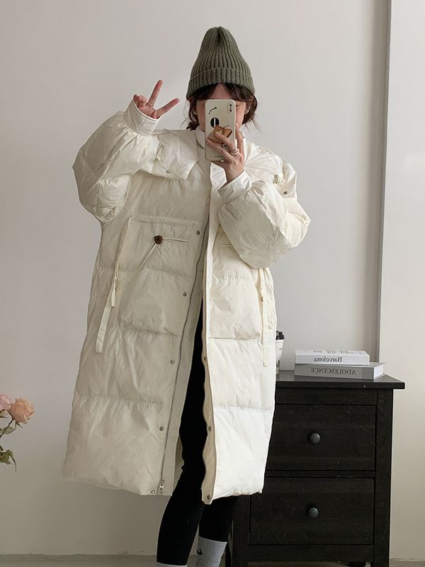 羽绒服女中长款过膝连帽加厚宽松白鸭绒收腰大口袋外套