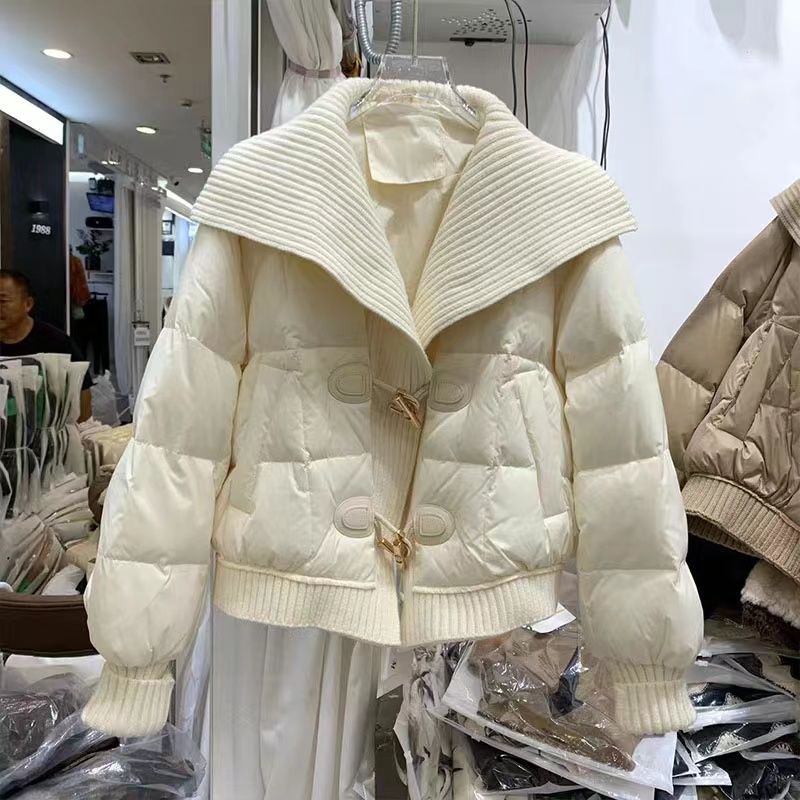针织拼接羽绒服女欧货2023冬季新款时尚减龄百搭大翻领白鸭绒外套