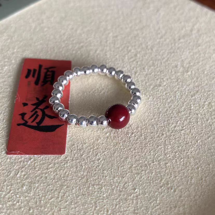 天然辰砂紫金砂朱砂女款足银戒指