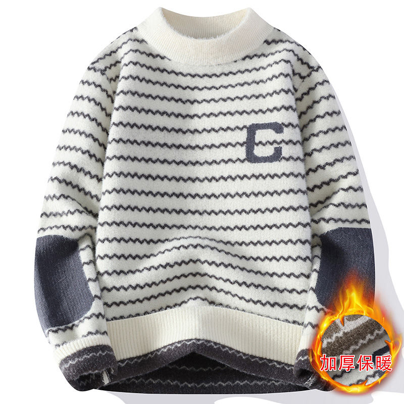 2025秋冬针织毛衣男款针织衫条纹各项圆领学生保暖加厚潮流秋冬季