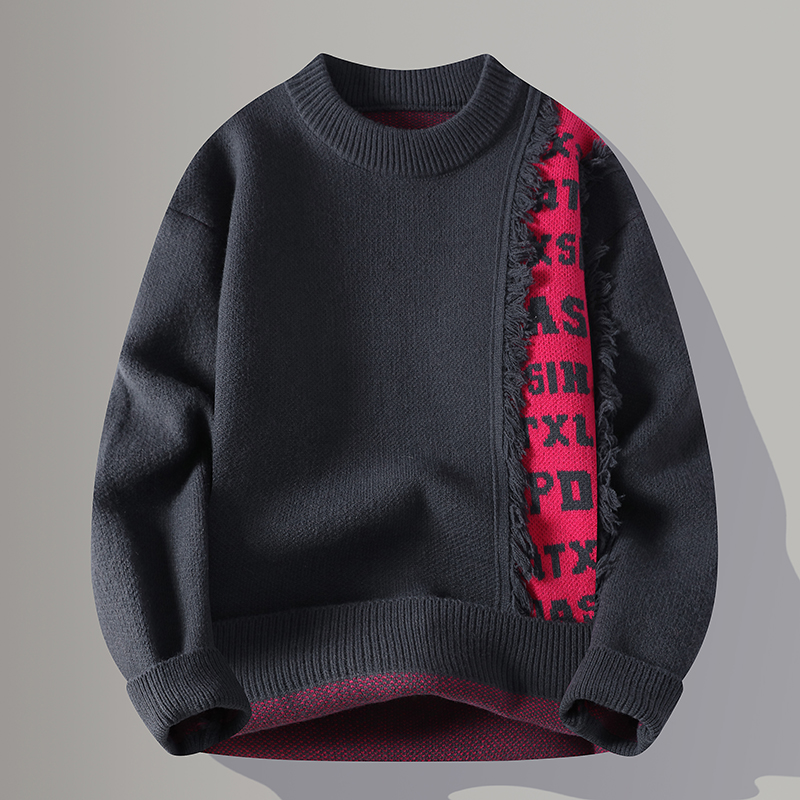 2025冬季新款潮流青少年毛衣男士休闲宽松圆领学生毛衣男毛须破洞