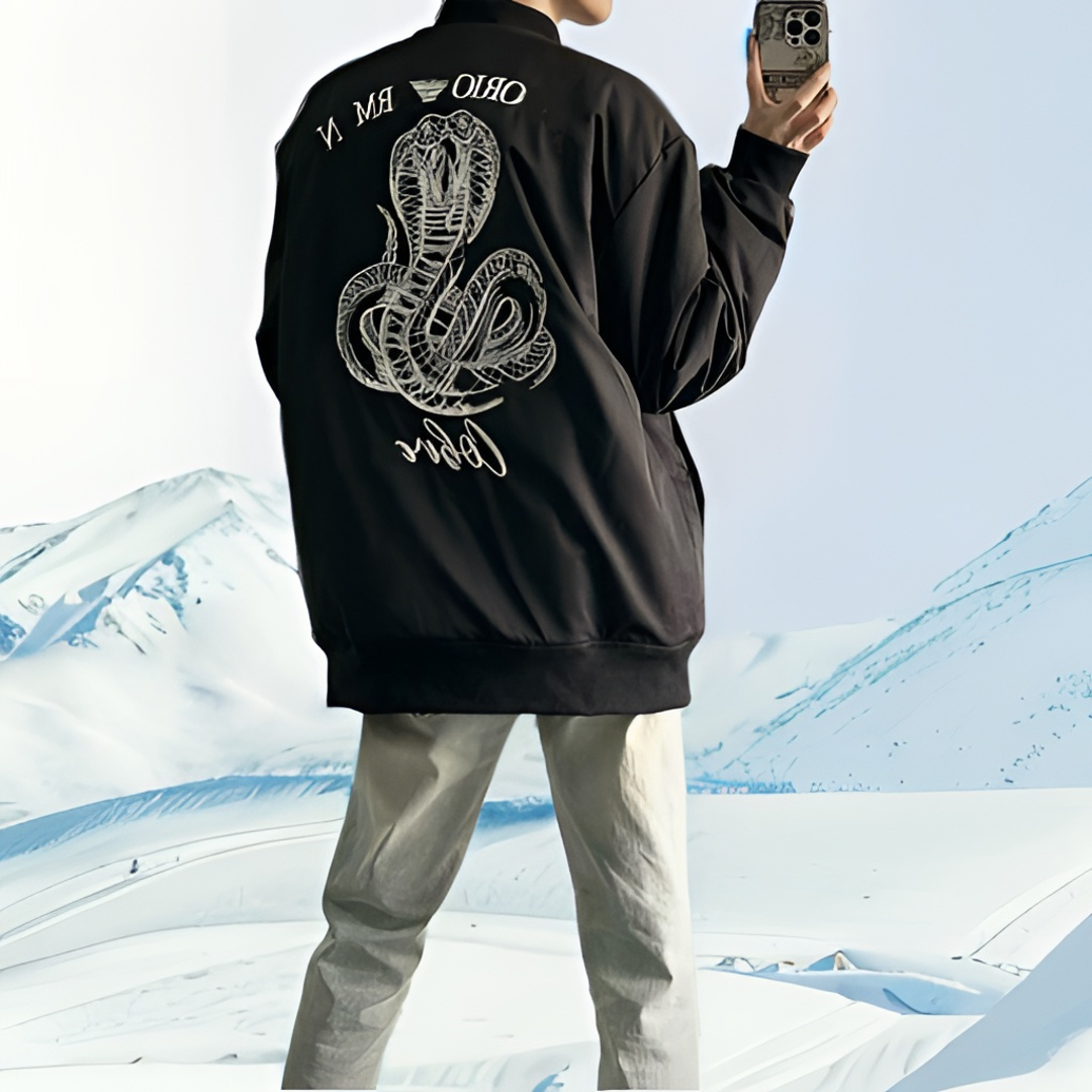 秋冬季新款棒球领棉服男背刺绣眼镜蛇加厚棉衣情侣痞帅棒球服美式