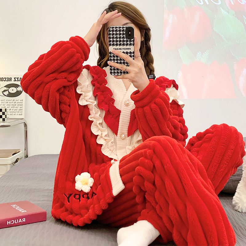 红色本命年珊瑚绒睡衣女2023新款冬季加绒加厚法兰绒家居服秋冬款