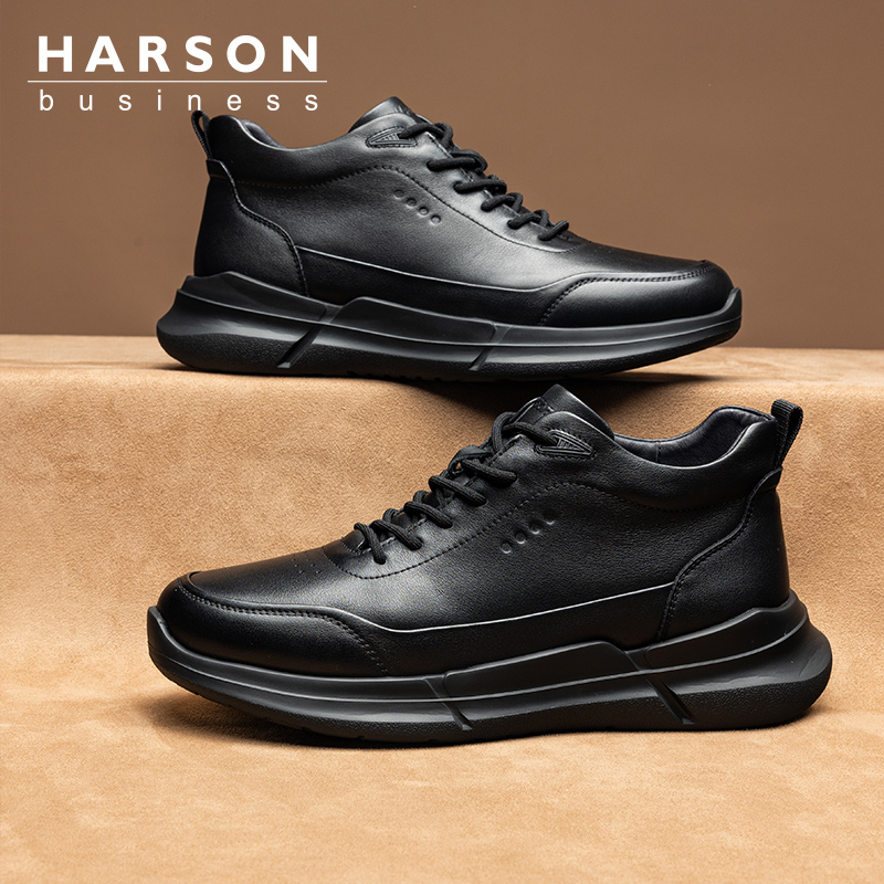 【凌越】哈森男鞋冬季加绒休闲皮鞋男款商务休闲鞋高帮真皮男靴