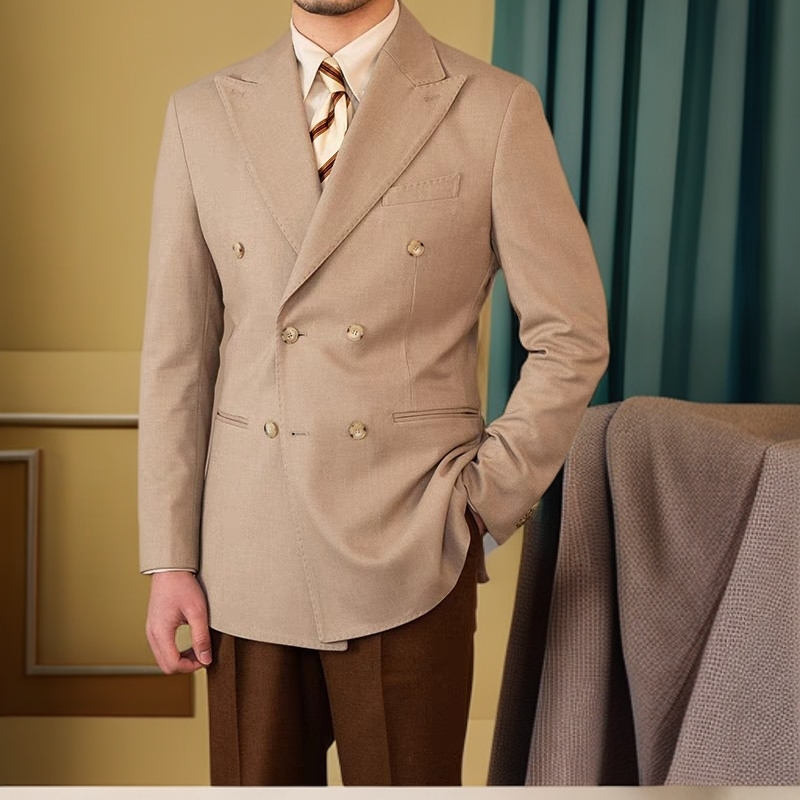 zb定制款戗驳领双排扣西装绅装修身百搭复古西服外套潮男男士休闲