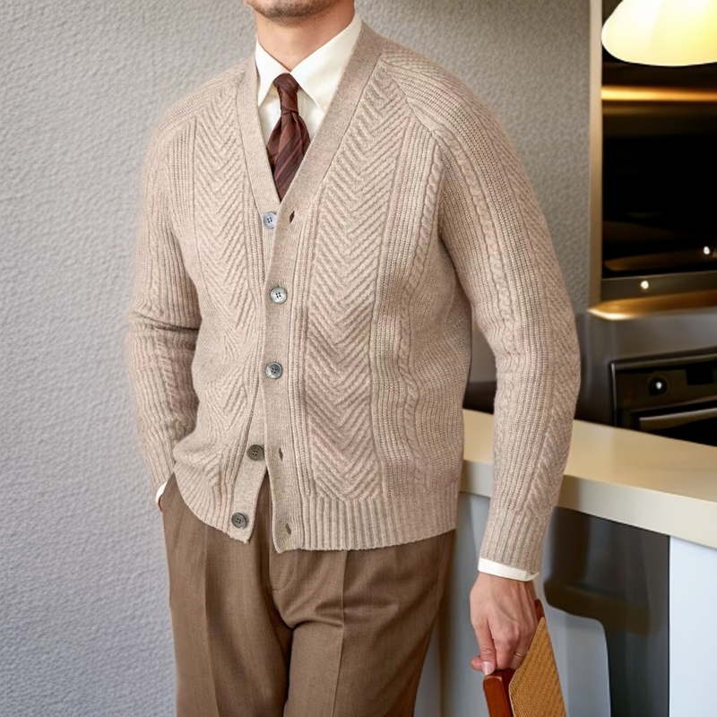 常发修峰绅装百搭小V领纯色提花针织开衫意式冬季休闲毛衣外套男