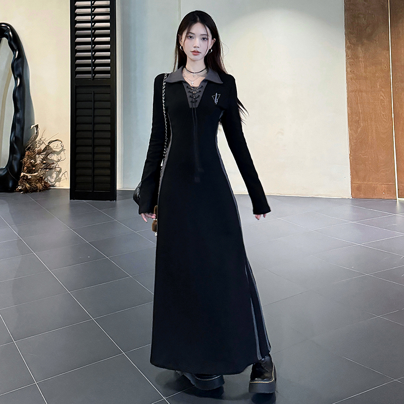 2024新款大码早秋长袖polo高腰显瘦气质长款卫衣裙子黑色连衣裙