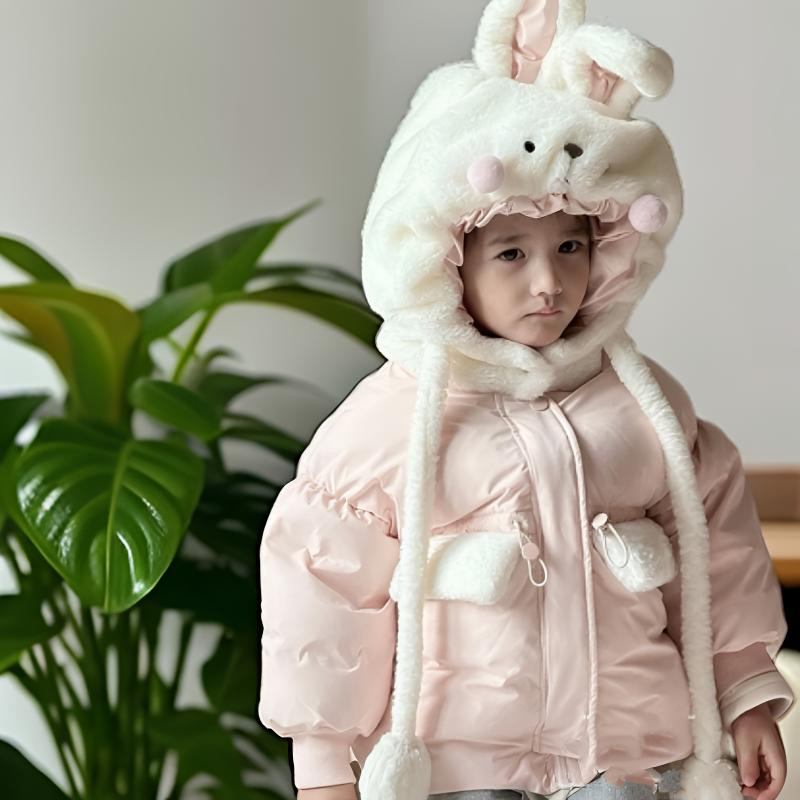 冬季女童粉色保暖可爱兔子帽子耳朵可动内里加绒羽绒服外套