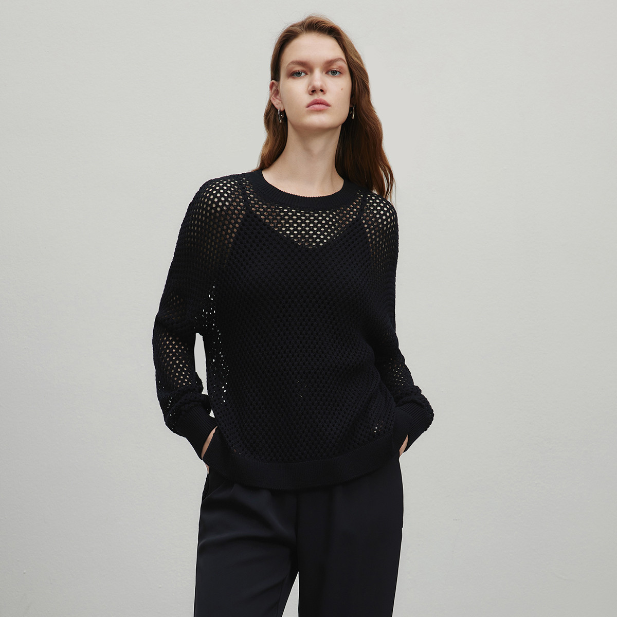 【北姐专属】法式网眼镂空套头针织衫夏季精致圆领长袖罩衫