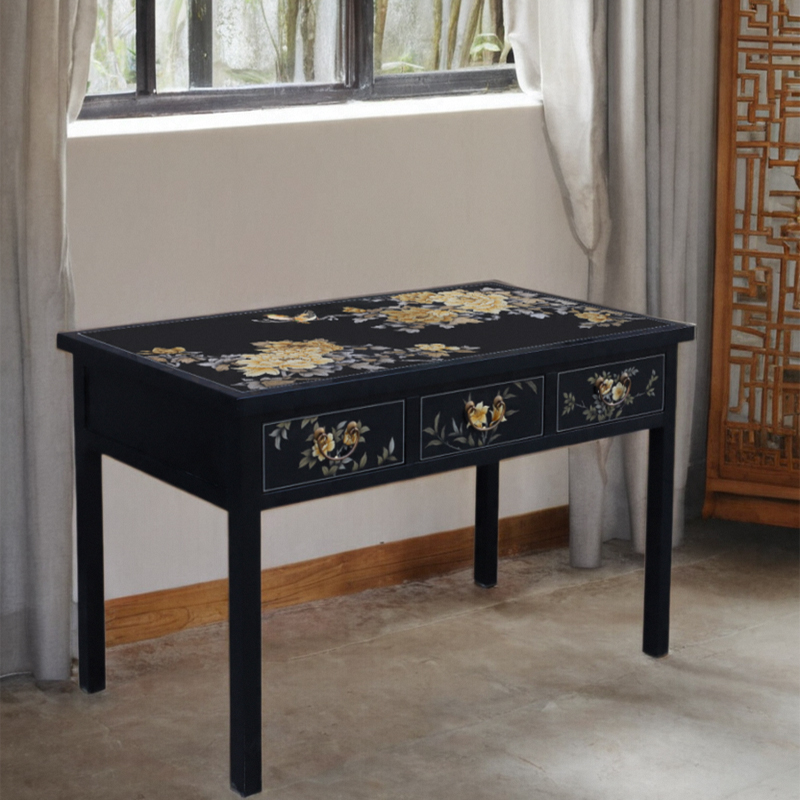 晋元恒实木漆器餐桌抽屉新中式书桌书房办公书画桌黑金牡丹图餐桌