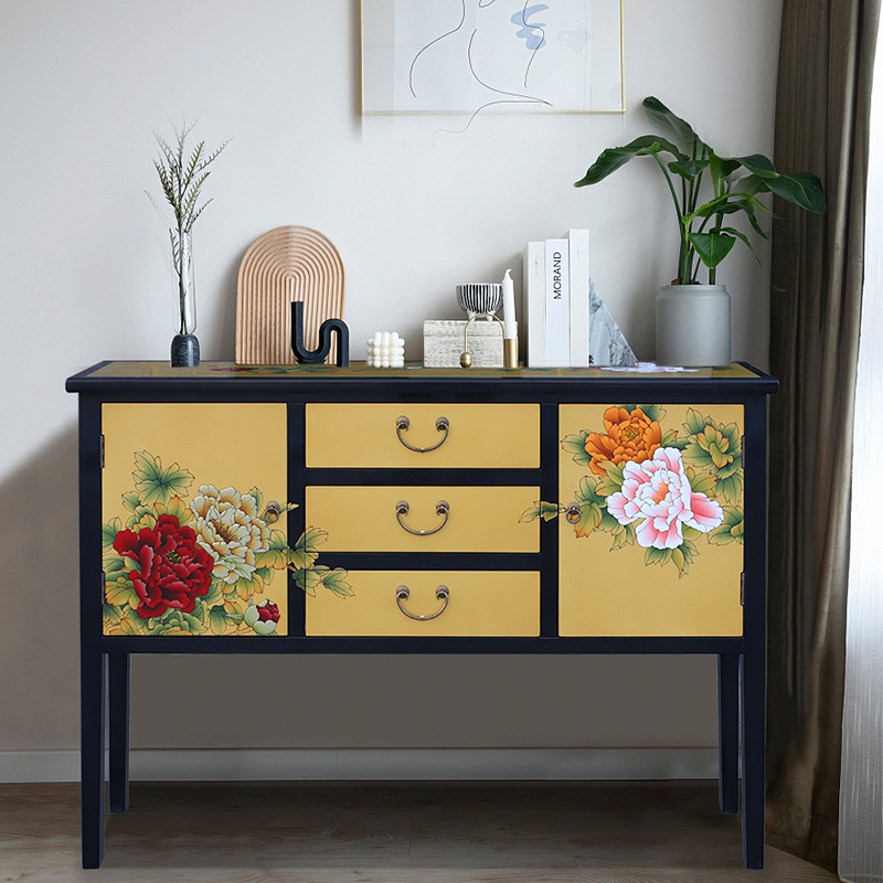 晋元恒设计师彩绘门厅入户通透高脚玄关收纳柜新中式别墅漆器家具