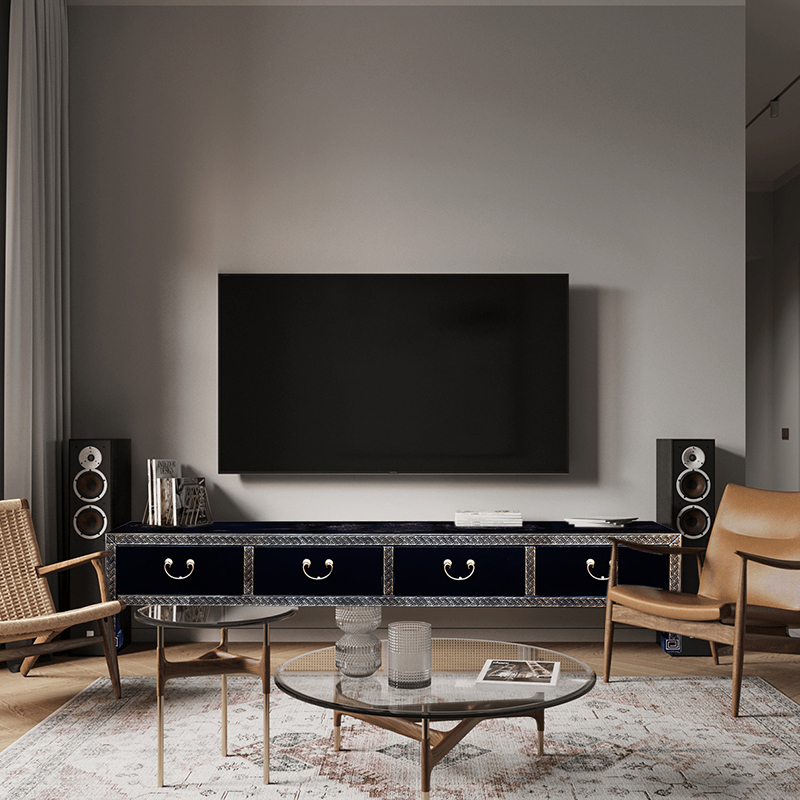 晋元恒实木漆器手绘彩绘家具电视柜明清古典黑色山水仿古装饰设计