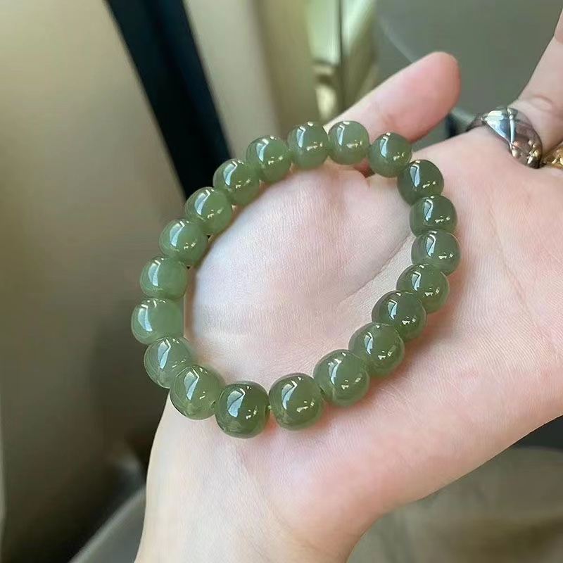 天然和田玉妈妈素圈单圈玉手串绿色珠串礼盒证书送人菠菜（圆珠）