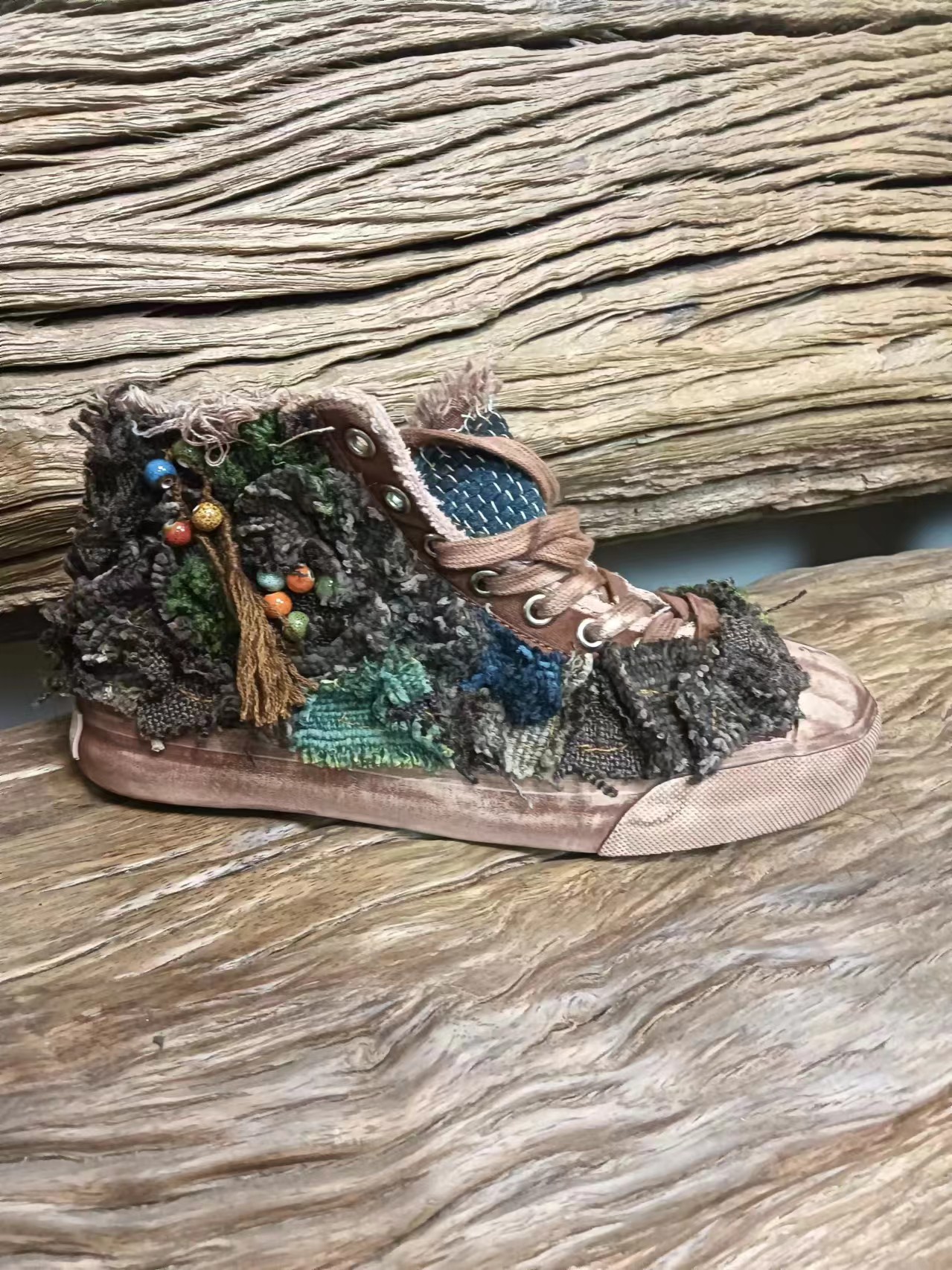 手工制作植物染色高帮贴布鞋大一码拍